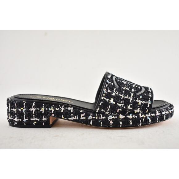 Chanel 20P Black White Tweed Mesh CC Logo Slide Slip Sandal Mule Heel Flat 36.5 - Picture 2 of 14